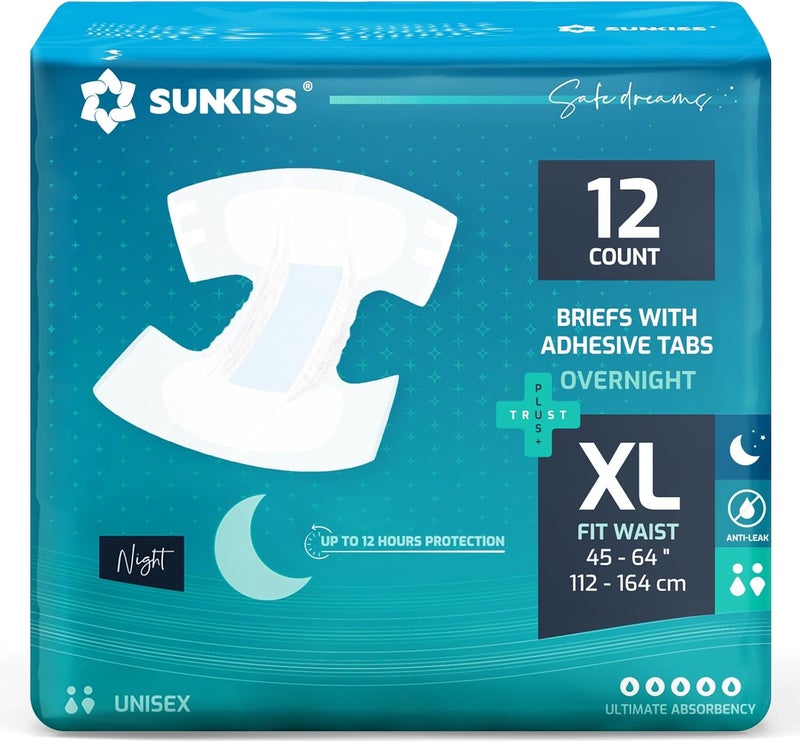 SUNKISS TrustPlus Overnight Adult Diapers with Ultimate Absorbency, Unisex Disposable Incontinence Briefs with Tabs for Men and Women, Odor Control, XLarge, 12 Count - Image 1